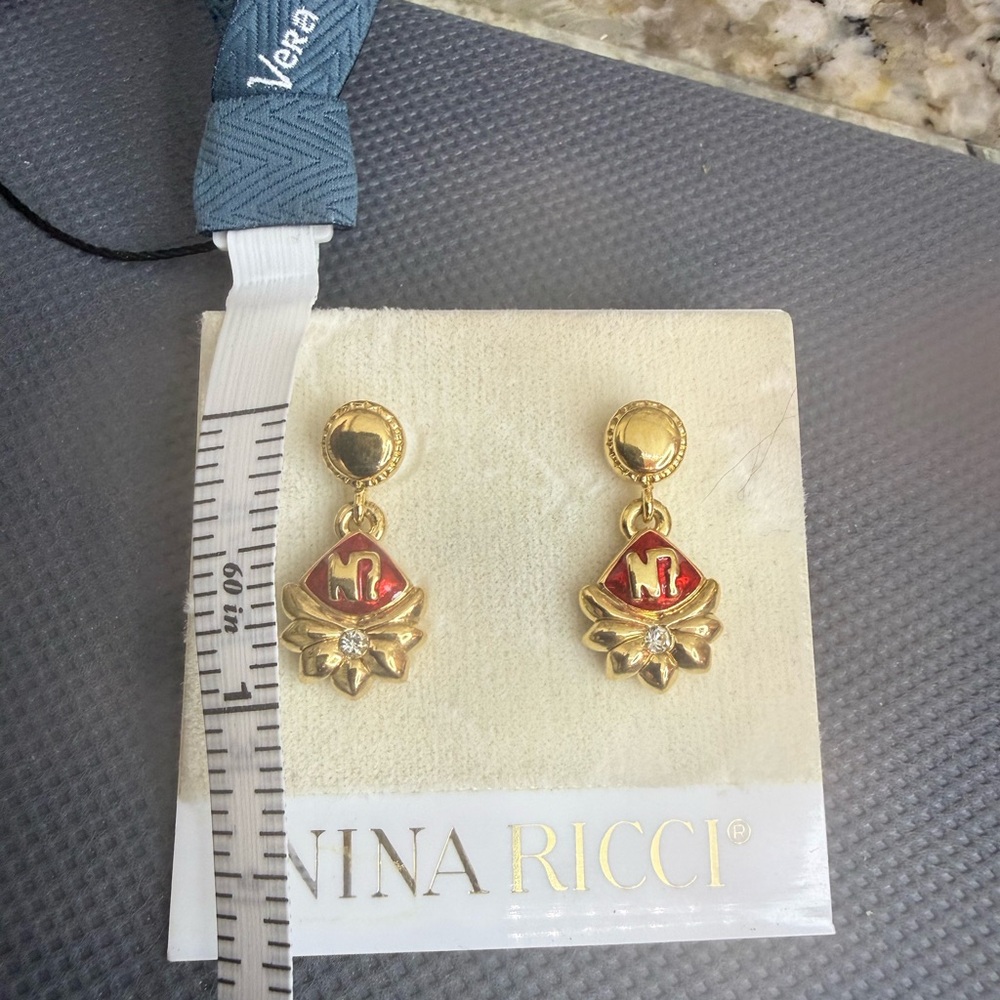 NWT Nina Ricci Swarovski Crystal Vintage Red and Gold Dangle Earrings - Picture 5 of 5